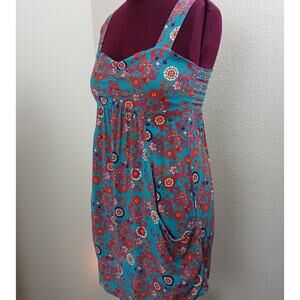 Cinnamon Girl in Hawaii Retro Floral Mini Sundress M pockets blue orange smocked